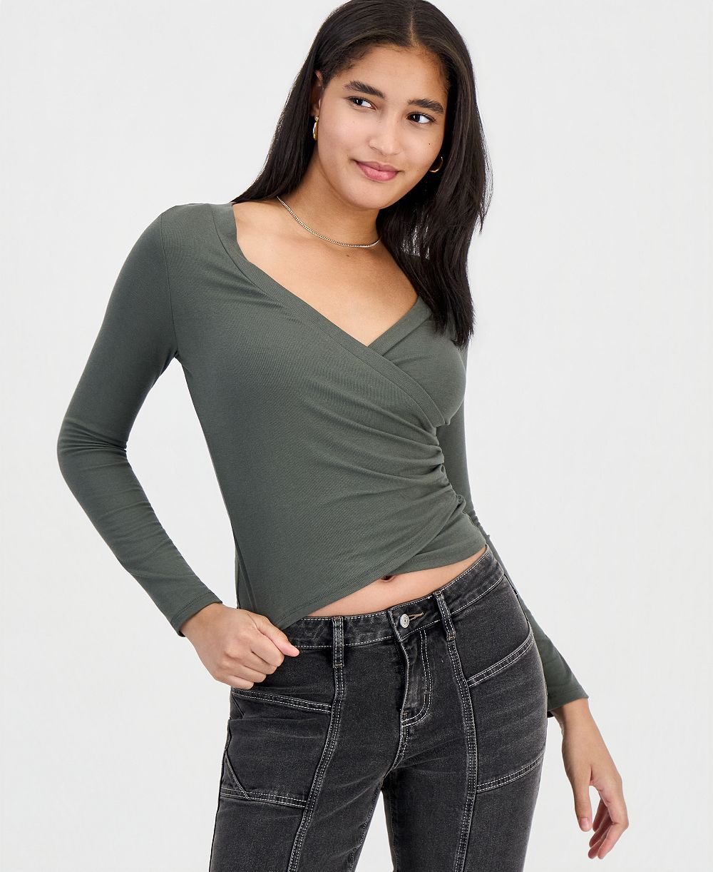 Madden Girl Juniors' Long-Sleeve V-Neck Wrap Top