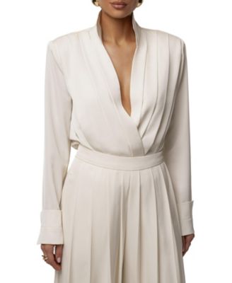 JLUXLABEL Women's Visionary Pleated Deep-Plunge Long-Sleeve Bodysuit