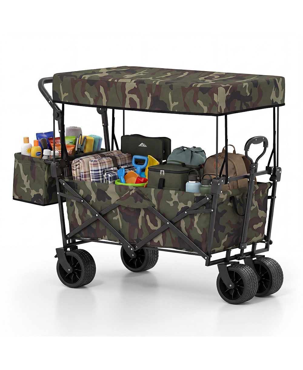 Costway Folding Utility Wagon with Detachable Canopy, Collapsible Garden Cart