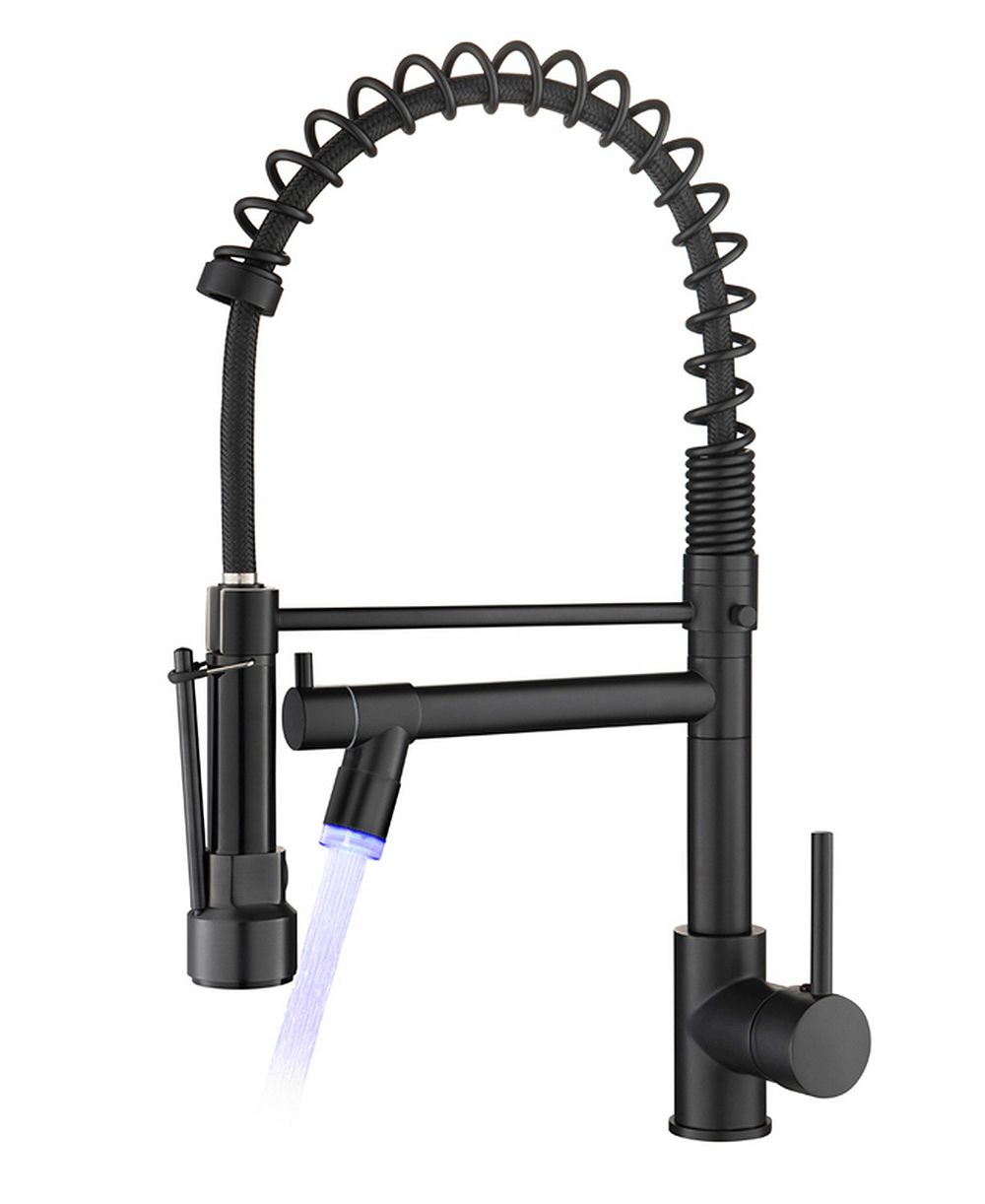 Brass Commercial-Style Kitchen Faucet with Pull-Down Sprayer, Single Handle, Dual Water Modes, LED Lighting