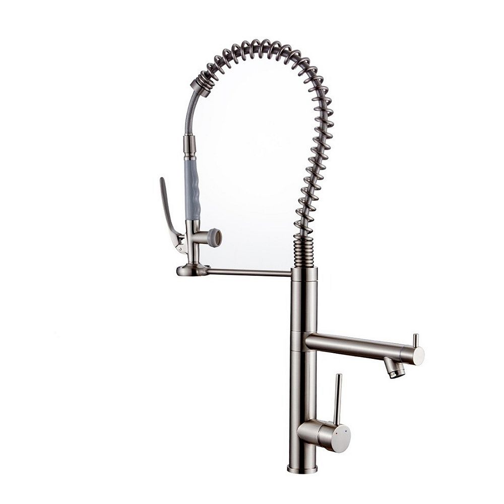 Single Handle Spring Pull-Down Kitchen Faucet with Dual Water Outlets, 360degree(s) Rotation, Brass Construction