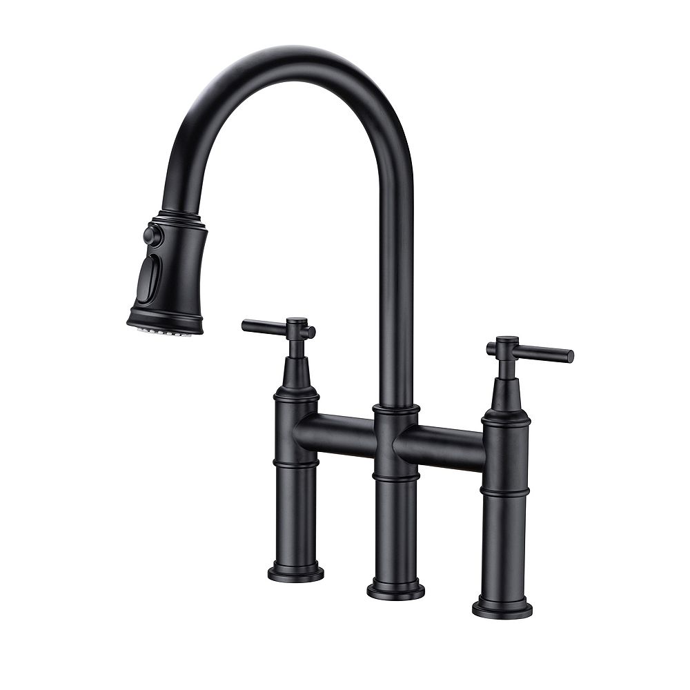 Brass Bridge Kitchen Faucet with Pull-Down Sprayer, 2-Handle, 360degree(s) Swivel Spout