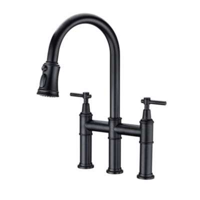 Brass Bridge Kitchen Faucet with Pull-Down Sprayer, 2-Handle, 360degree(s) Swivel Spout