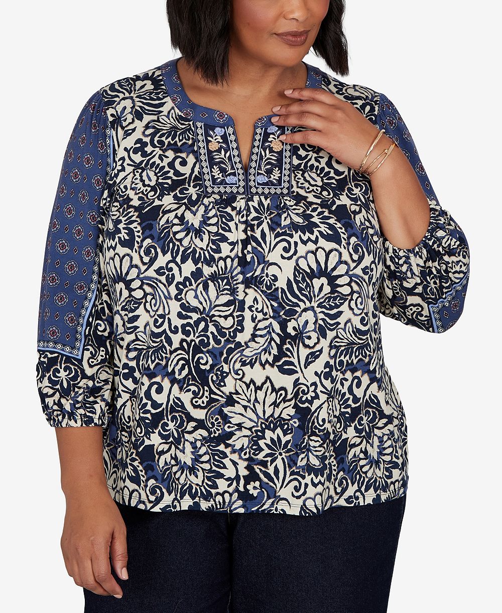 Ruby Rd. Plus Size Foliage Floral Henley 3/4-Sleeve Top