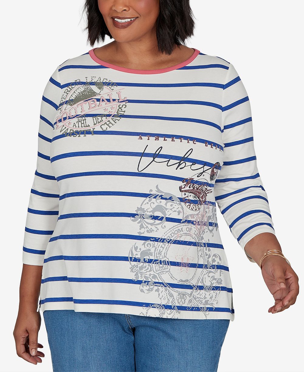 Ruby Rd. Plus Size Stripe Boat Neck 3/4-Sleeve Top