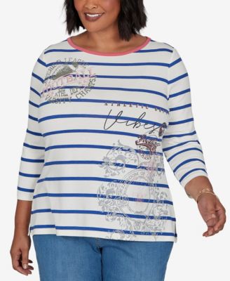 Ruby Rd. Plus Size Stripe Boat Neck 3/4-Sleeve Top