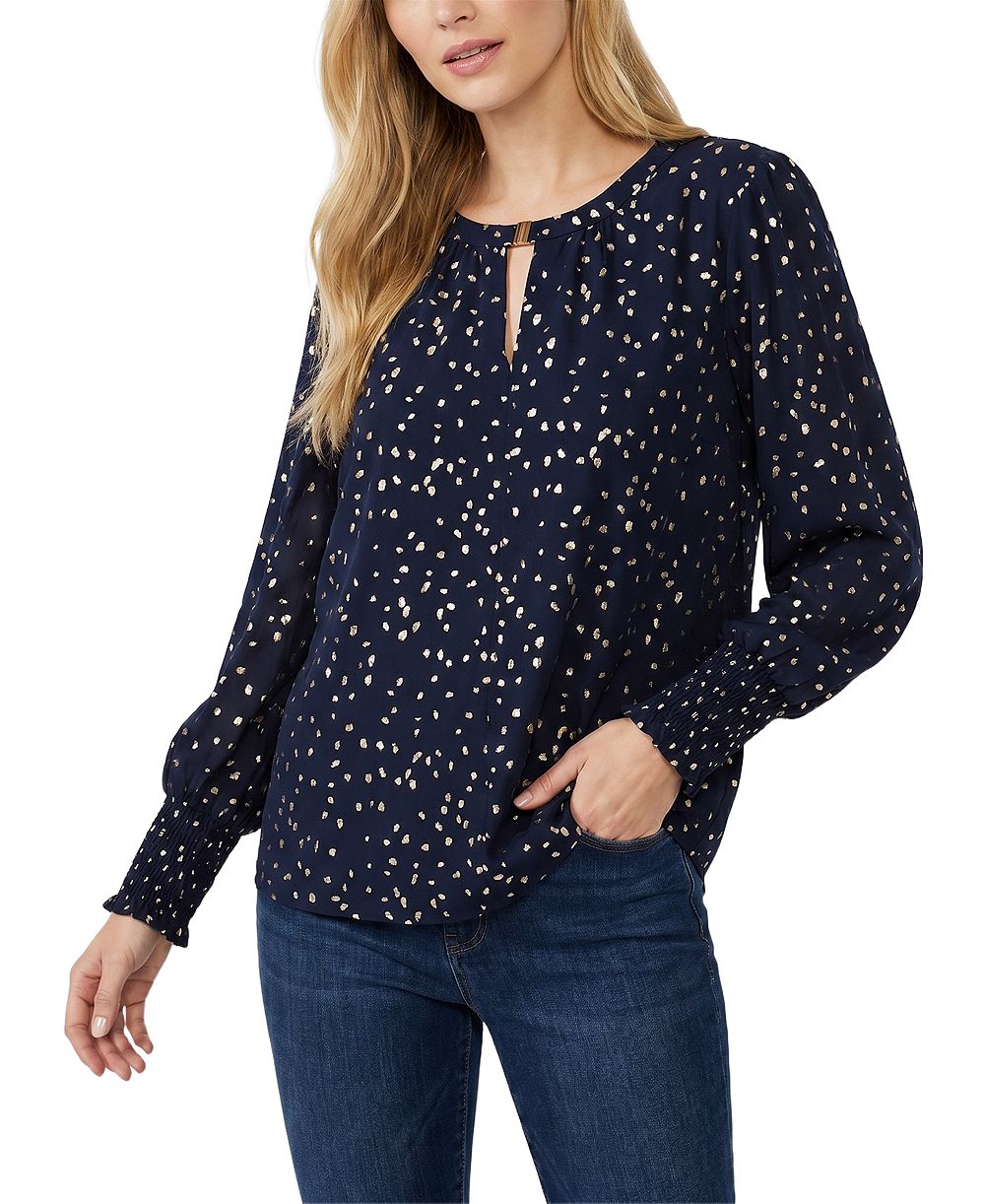 NY Collection Petite Long-Sleeve Metallic Split-Neck Blouse