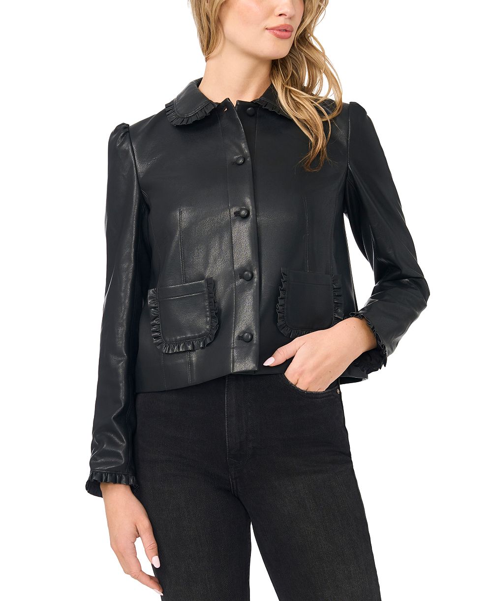 CeCe Women's Ruffle-Trim Puff-Shoulder Faux Leather Jacket