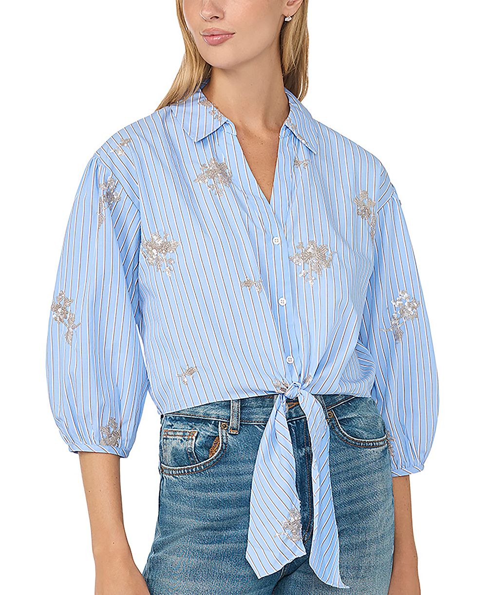 CeCe Women's Sequin Motif Balloon 3/4-Sleeve Tie-Hem Button-Down Top