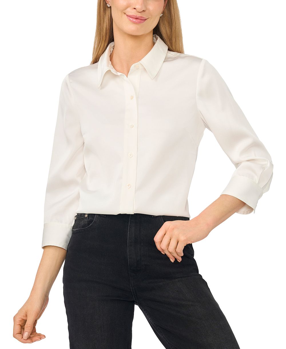 CeCe Women's 3/4-Sleeve Satin Button-Down Blouse