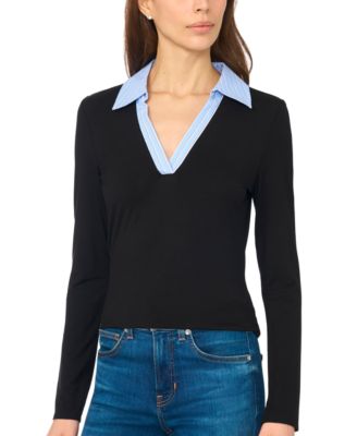 CeCe Women's Long-Sleeve Striped Collar Knit Polo T-Shirt