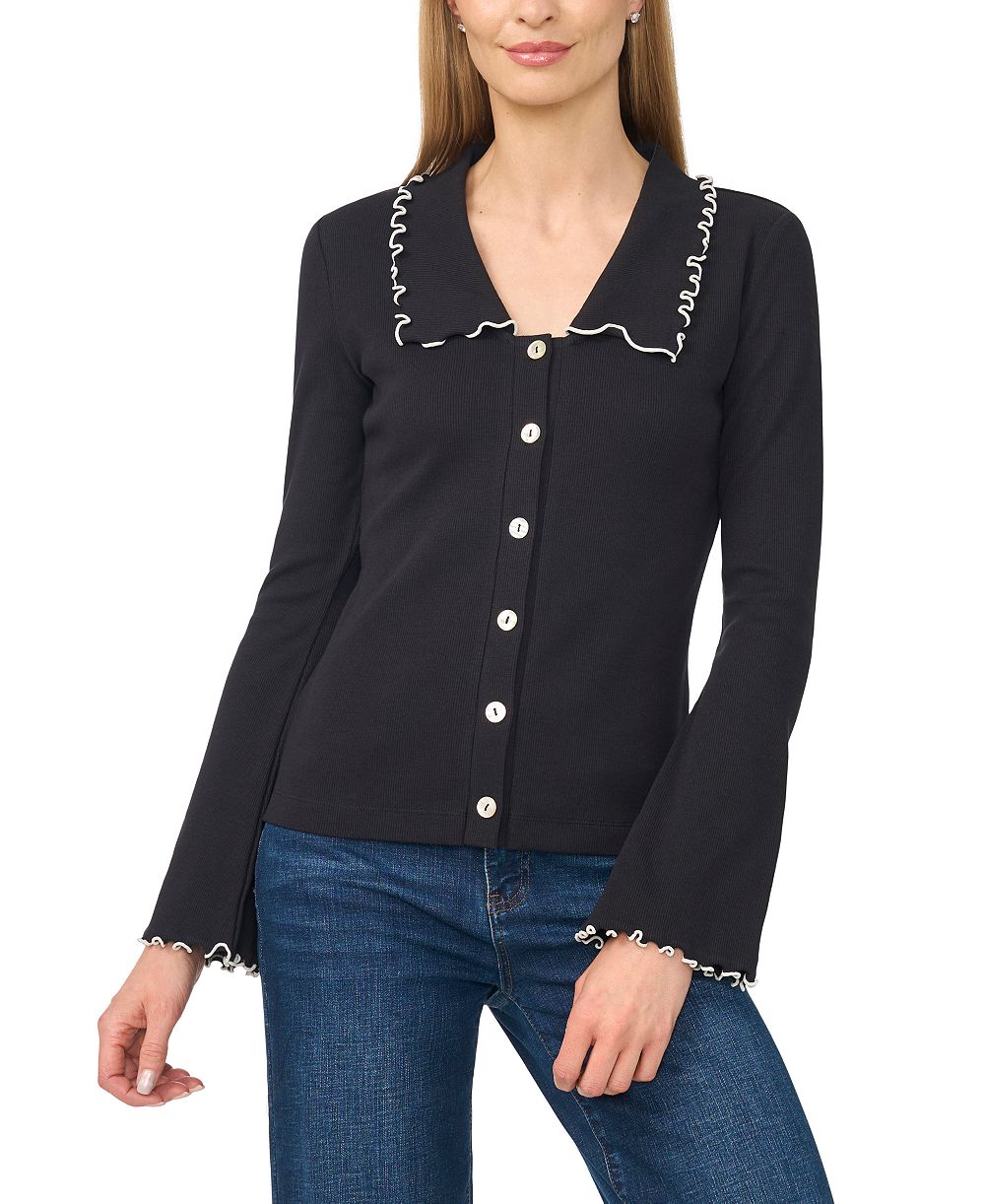 CeCe Women's Lettuce-Edge Bell Sleeve V-Neck Button-Down Blouse
