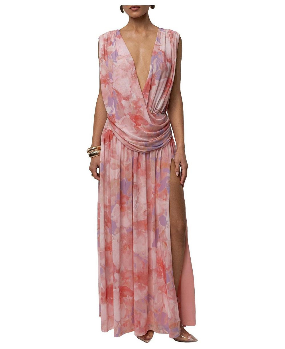 JLUXLABEL Women's Evening Flow Floral Plunging V-Neck Draped Maxi Dress