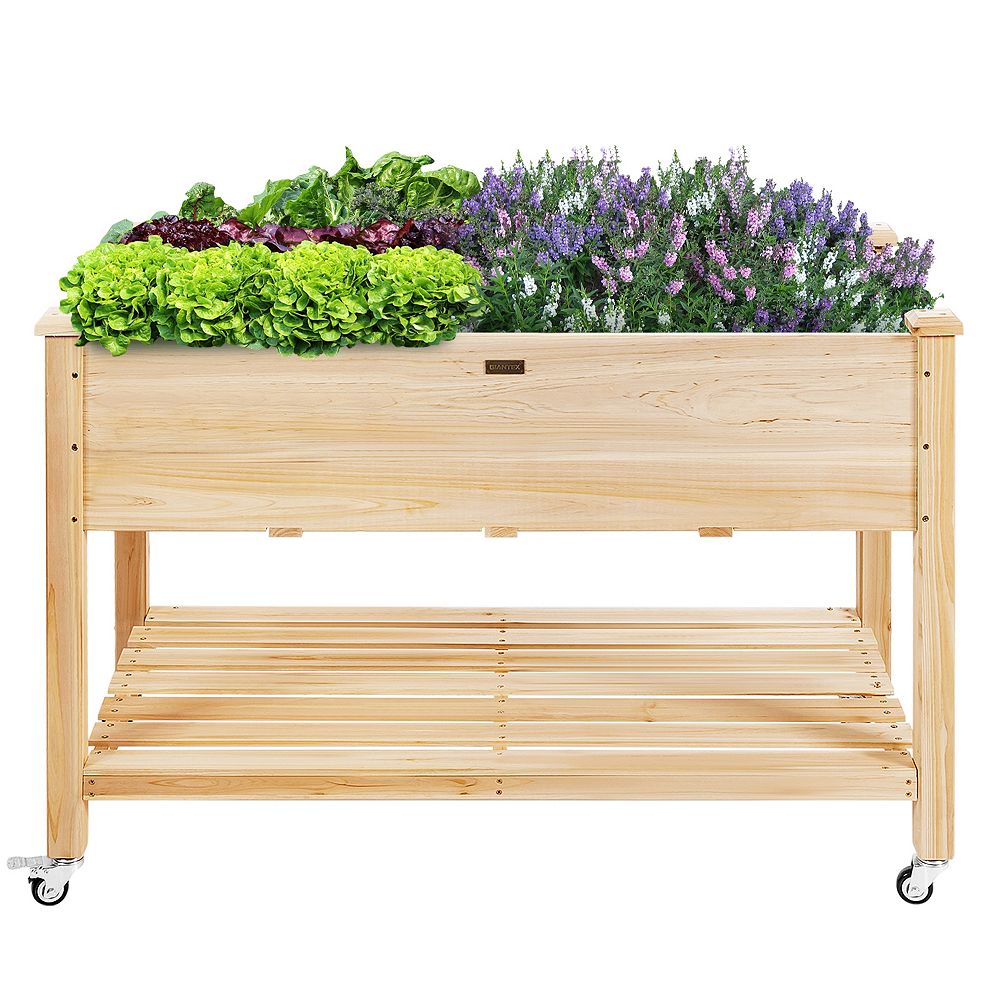 SUGIFT Wood Elevated Planter Bed with Lockable Wheels Shelf and Liner