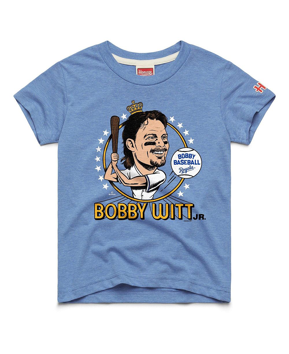 Детская футболка Homage Bobby Witt Jr. Kansas City Royals с карикатурным принтом из трикотажной смеси, светло-голубая