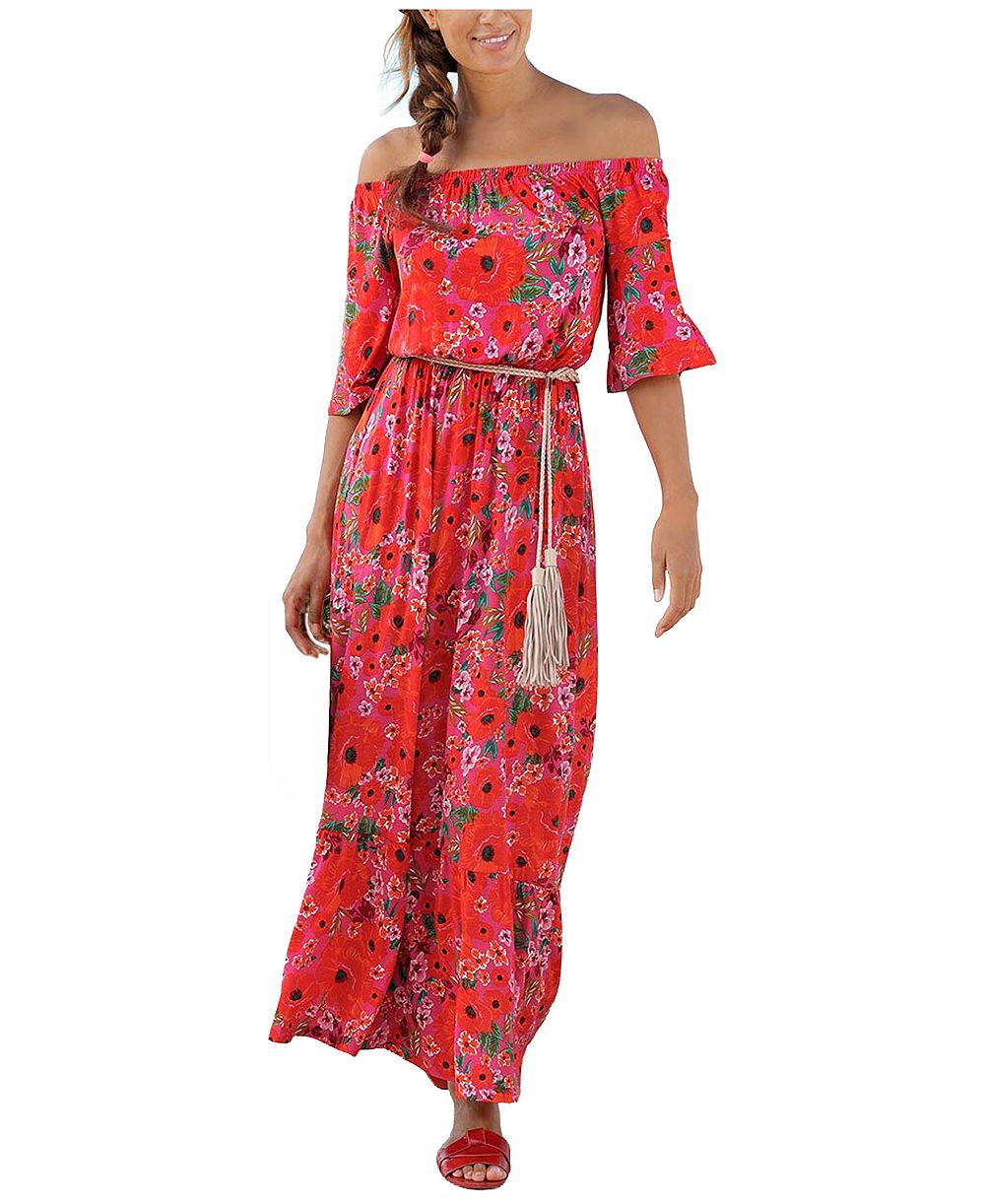 LASCANA Women's Viscose Printed Off Shoulder Elastic-Waist Maxi Dress