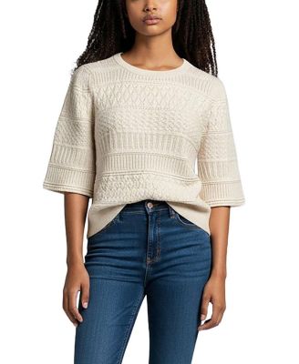 Hope & Henry Women's Organic Cotton Bell Sleeve Pointelle Sweater Top