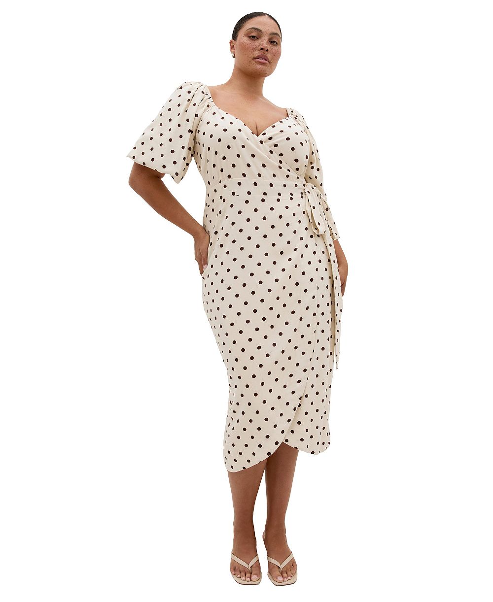 CITY CHIC Платье миди Plus Size Claudine с запахом, в горошек и с пышными рукавами