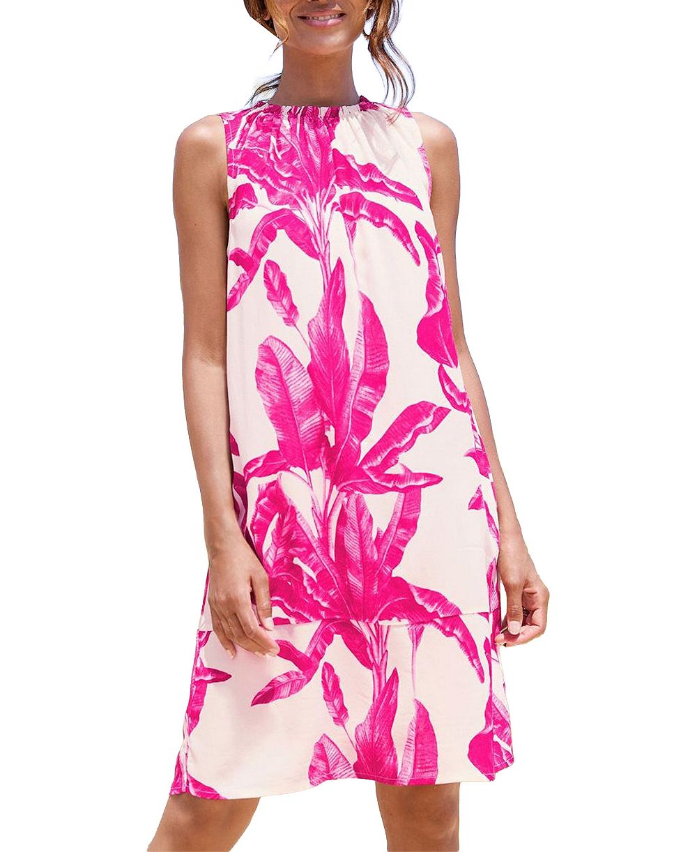 LASCANA Women's Viscose Tropical Print Ruffle-Trim Shift Short Dress