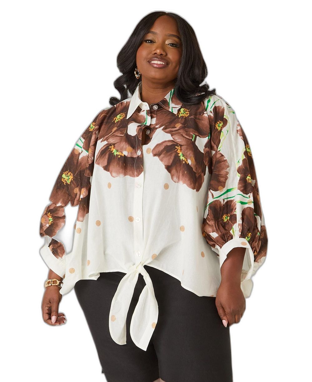 Рубашка Ashley Stewart Plus Size Tie-Front Floral с коротким рукавом
