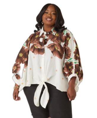 Ashley Stewart Plus Size Tie-Front Floral Short-Sleeve Shirt
