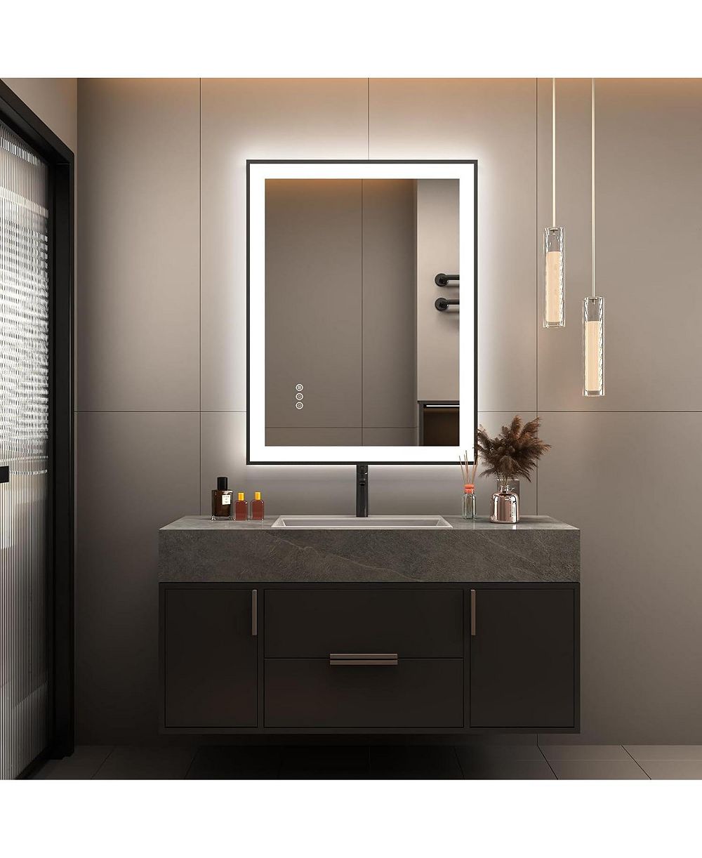 BUSDAYS 28 x 20 Inch LED Bathroom Mirror Front and Backlit Anti Fog 3 Colors Dimmable Tempered Glass Wall Mount
