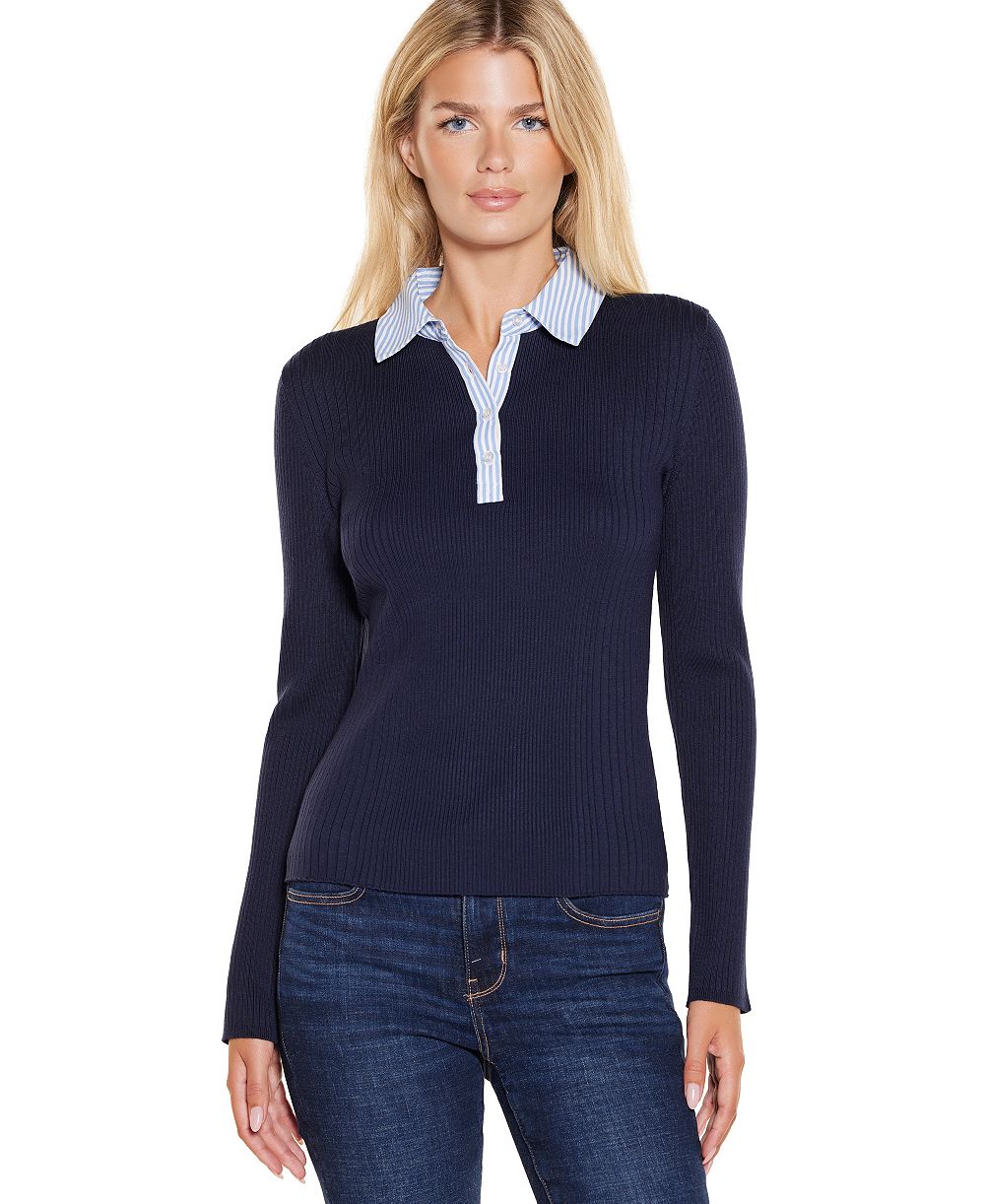 Belldini Women's Collared Ribbed Long-Sleeve Sweater