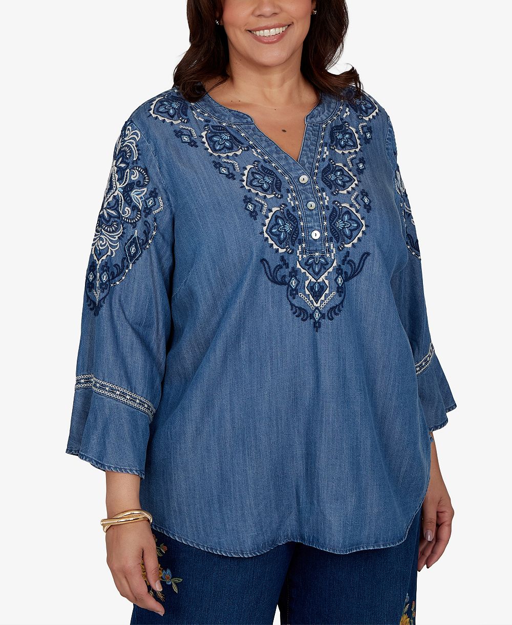 Блузка Alfred Dunner Plus Size Embroidered Henley Denim