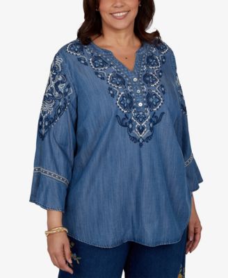 Alfred Dunner Plus Size Embroidered Henley Denim Blouse