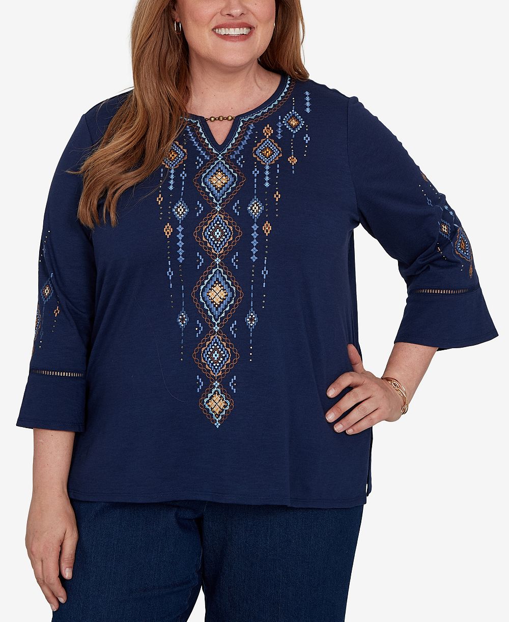 Alfred Dunner Plus Size Keyhole Neck 3/4-Length Bell-Sleeve Top