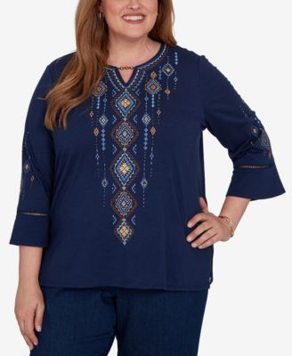 Alfred Dunner Plus Size Keyhole Neck 3/4-Length Bell-Sleeve Top