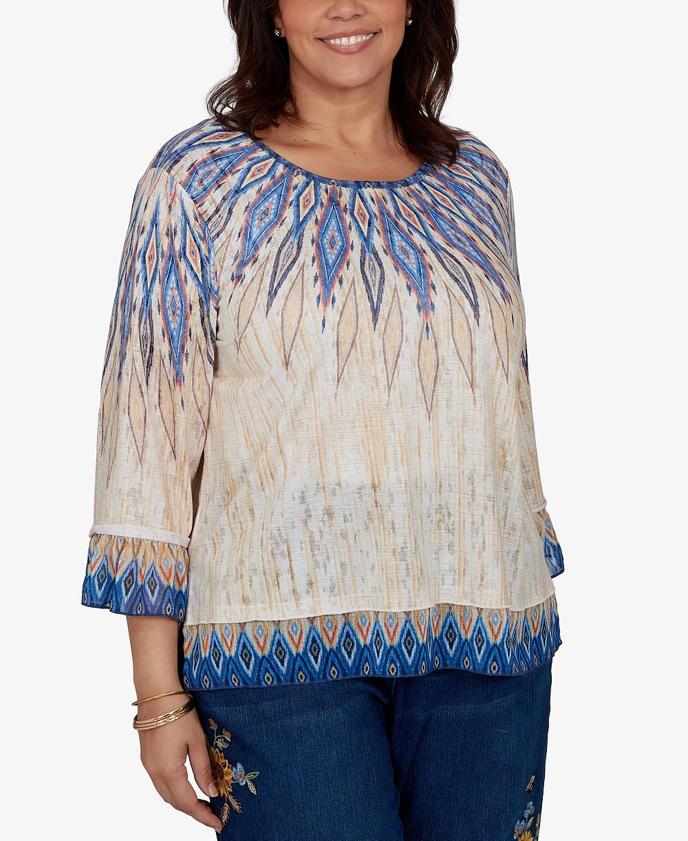 Женская блузка Alfred Dunner Plus Size Ikat-Print Scoop-Neck 3/4-Sleeve