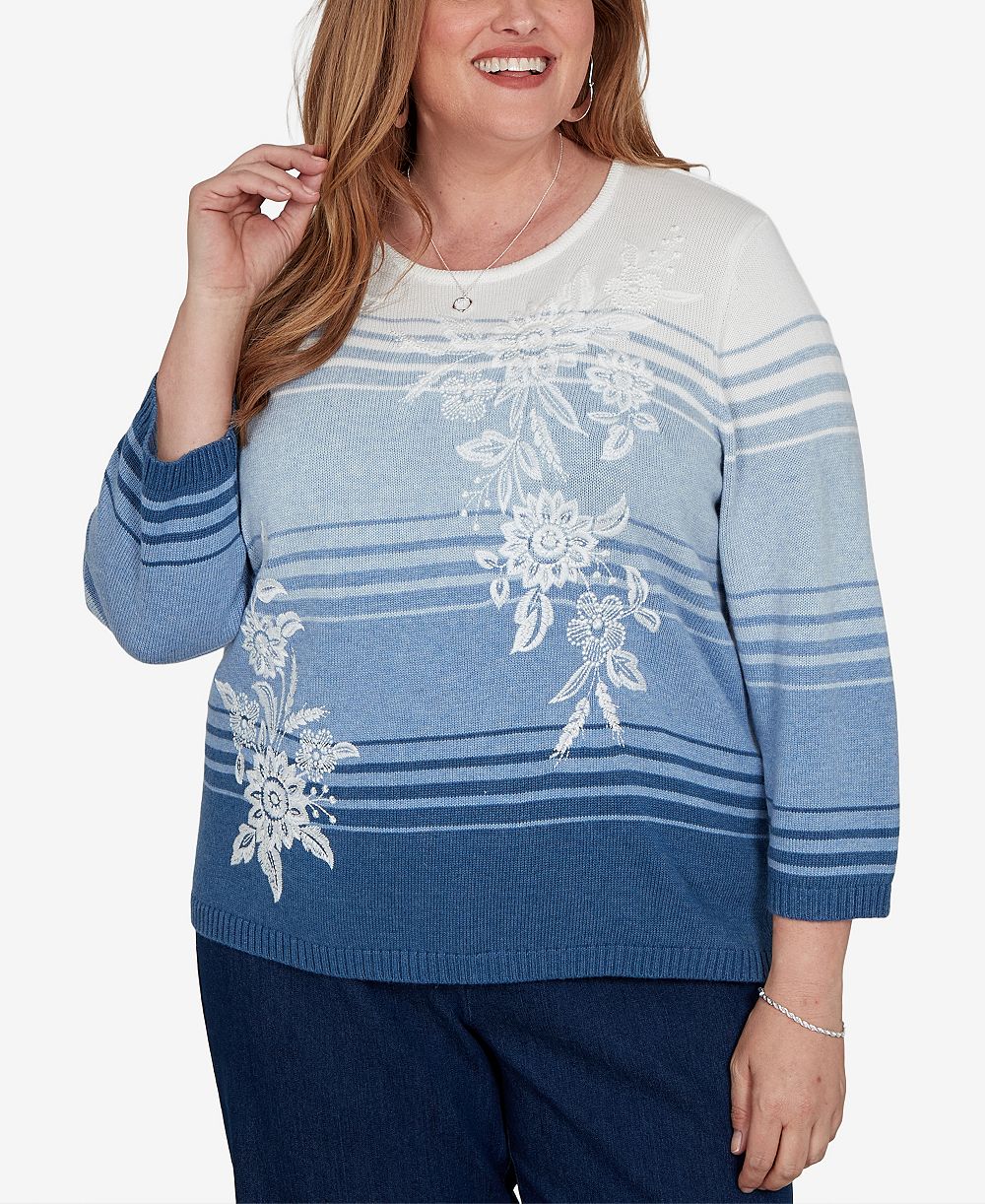 Alfred Dunner Plus Size джемпер с вышивкой цветами и рукавом 3/4
