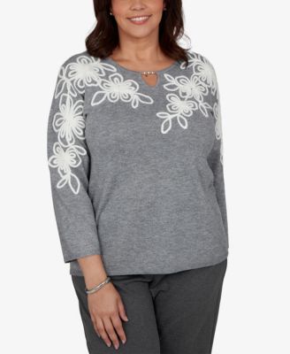 Alfred Dunner Plus Size 3/4-Sleeve Keyhole Neck Floral Embroidery Sweater