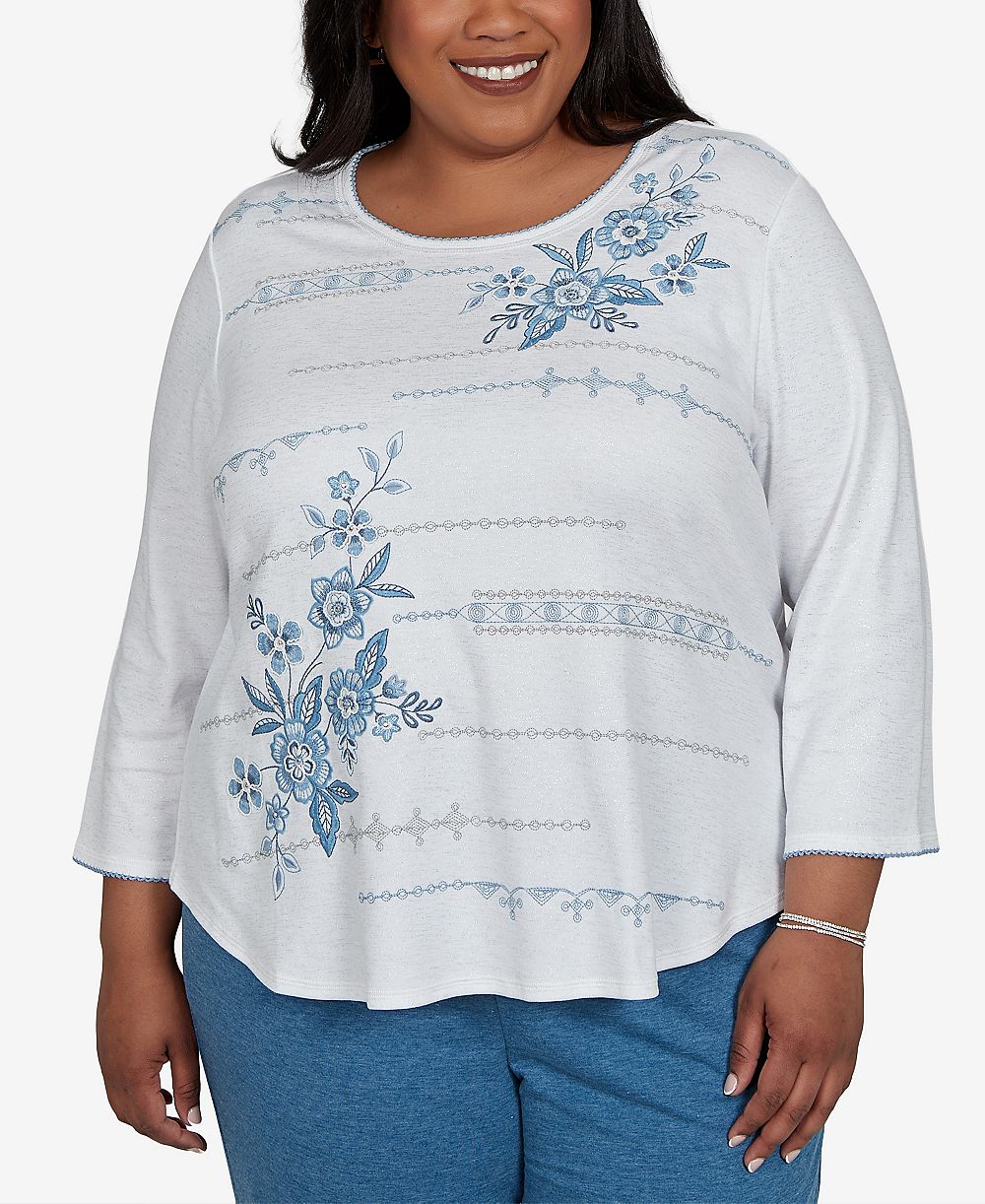 Женская футболка Alfred Dunner Plus Size Floral-Print 3/4-Sleeve Cotton-Blend