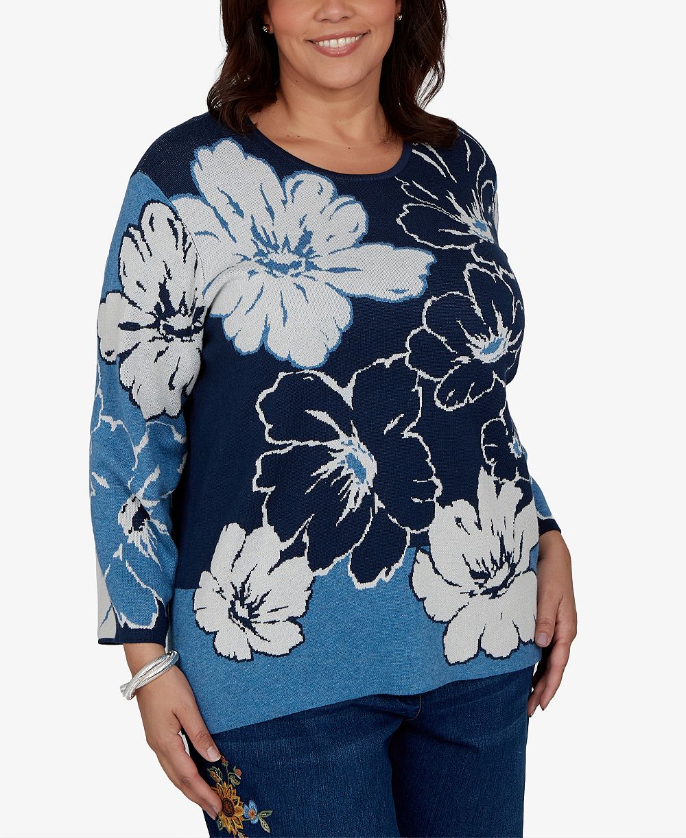 Alfred Dunner Plus Size Crewneck Floral Pullover Sweater