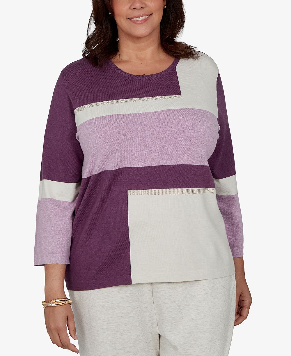 Alfred Dunner Plus Size 3/4-Length-Sleeve Colorblock Sweater