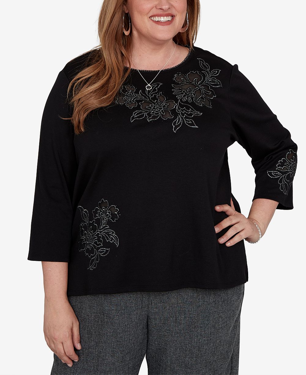 Alfred Dunner Plus Size Floral Scoop Neck 3/4-Sleeve Knit Top