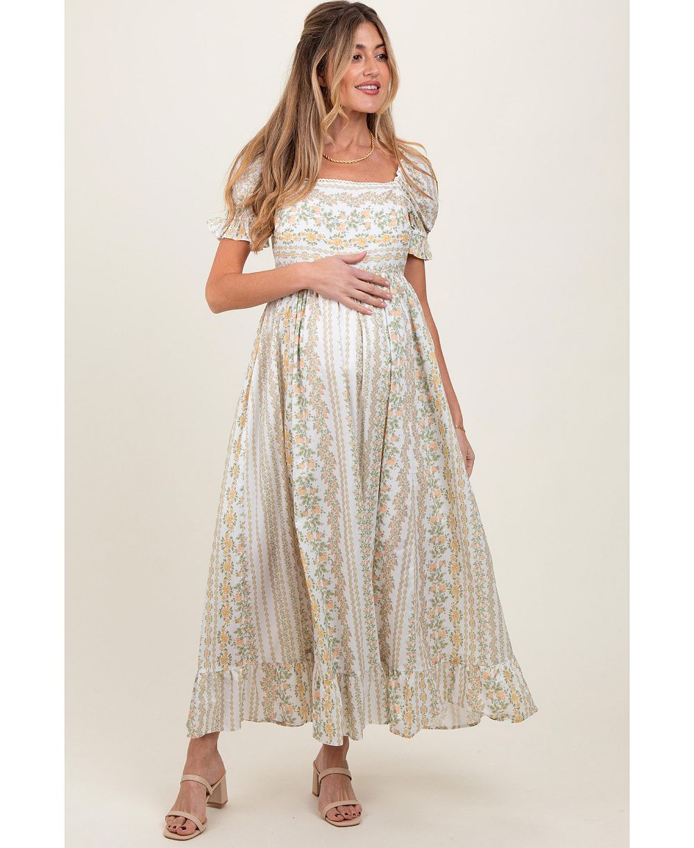 Pinkblush Женский Peach Floral Puff Sleeve Lace Trim Maxi Dress
