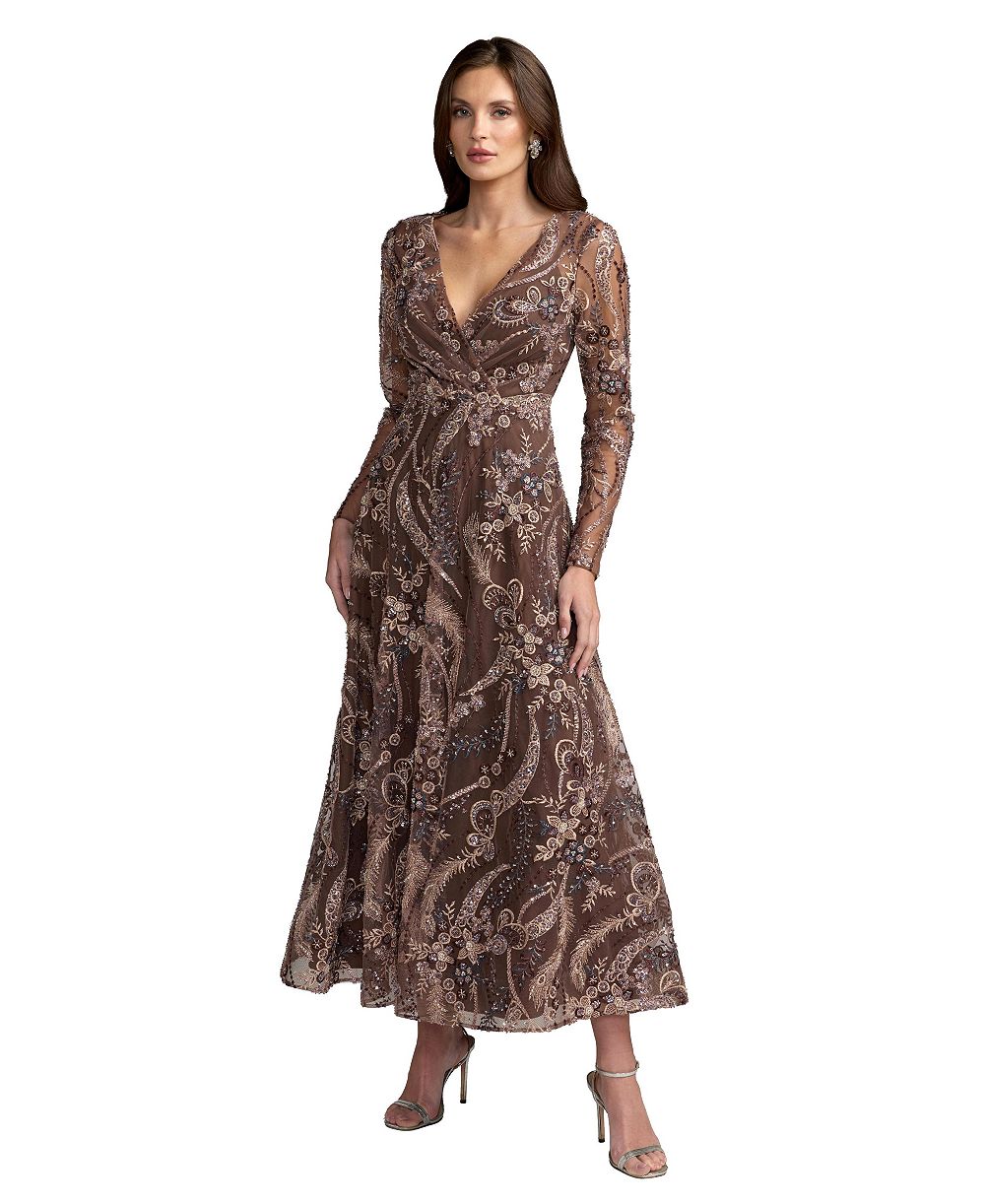Mac Duggal женское миди-платье А-силуэта с V-образным вырезом и длинным рукавом, цветочный принт, размер Petite