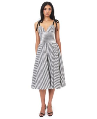 Miss Circle Women's Riley Striped A-Line V-Neck Cotton-Linen Blend Midi Dress