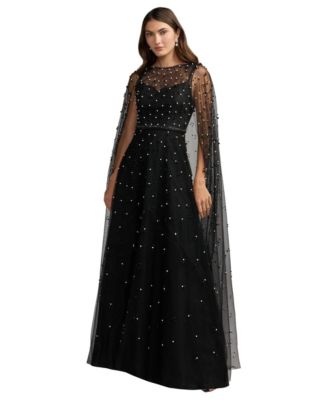 Женское вечернее платье Mac Duggal Petite с жемчужной отделкой и рукавами-кейп из прозрачной ткани
