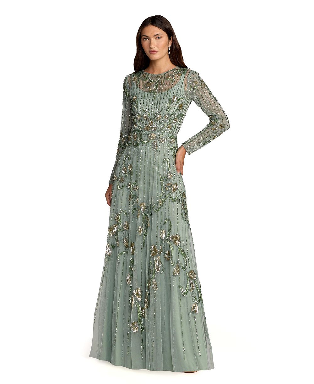 Mac Duggal Женское длинное платье А-силуэта с длинным рукавом и декором