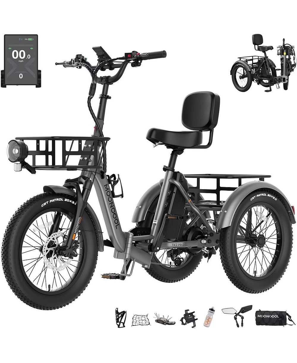 Mooncool TK2 PRO Adult Folding E-Trike with Reverse, 6-Speed, 1500W Peak, 20" Fat Tire