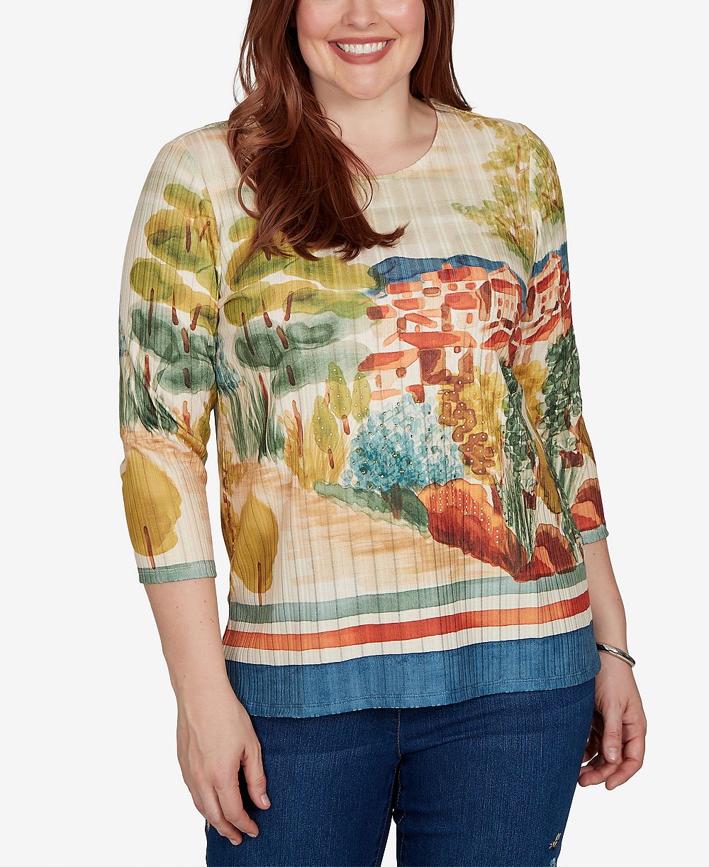 Трикотажный топ Alfred Dunner Petite с разрезом сбоку и рукавом 3/4, Petite