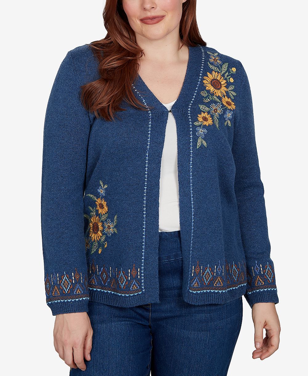 Кардиган Alfred Dunner Petite V-Neck Long-Sleeve Floral Embroidery Cotton-Blend