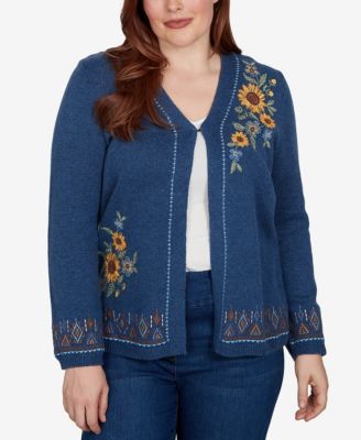 Кардиган Alfred Dunner Petite V-Neck Long-Sleeve Floral Embroidery Cotton-Blend