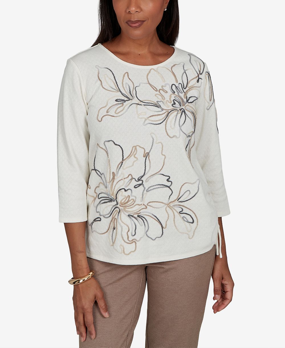 Alfred Dunner Petite Floral Ruched 3/4-Sleeve T-Shirt