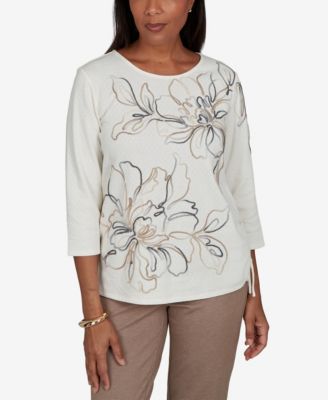 Alfred Dunner Petite Floral Ruched 3/4-Sleeve T-Shirt