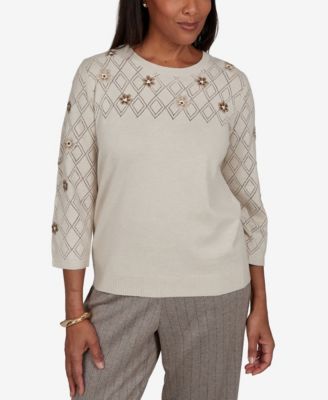 Alfred Dunner Petite Pointelle Floral Embroidery with Bead Pullover Sweater